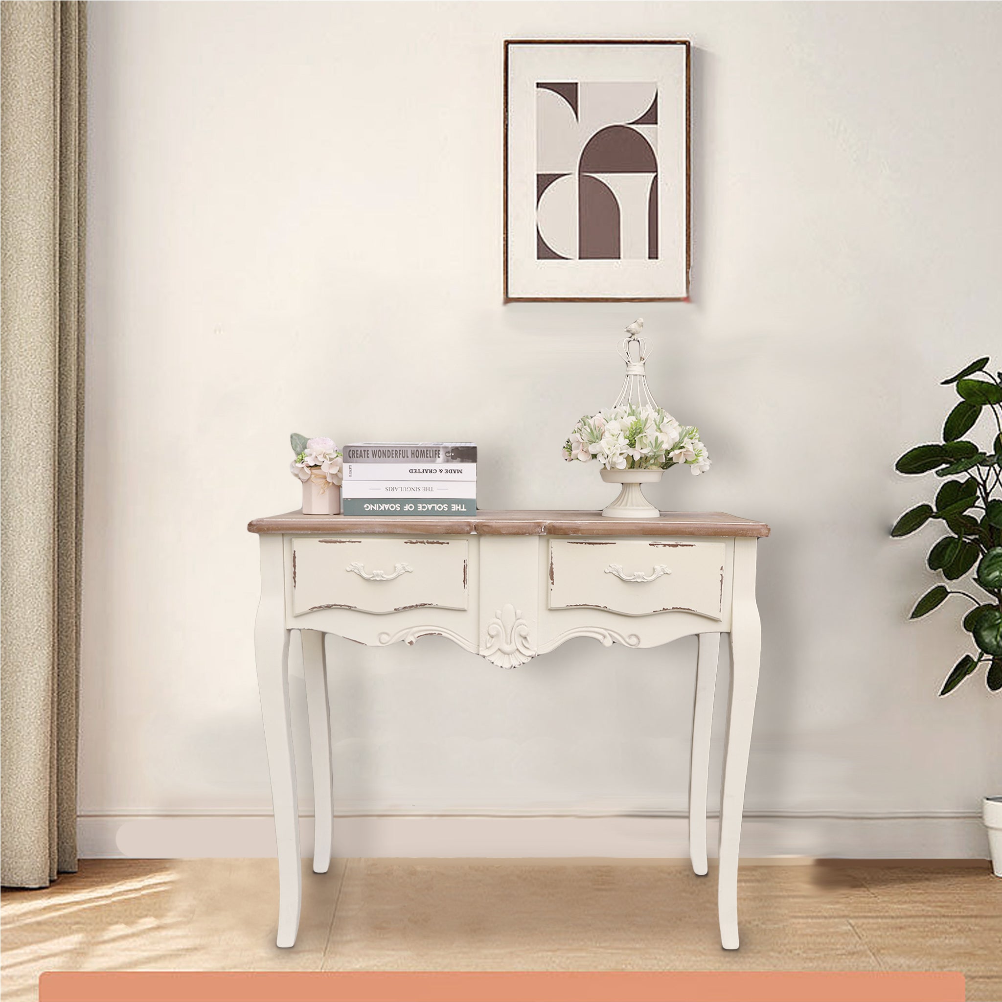 Farmhouse Wood Console Table with Design Drawers