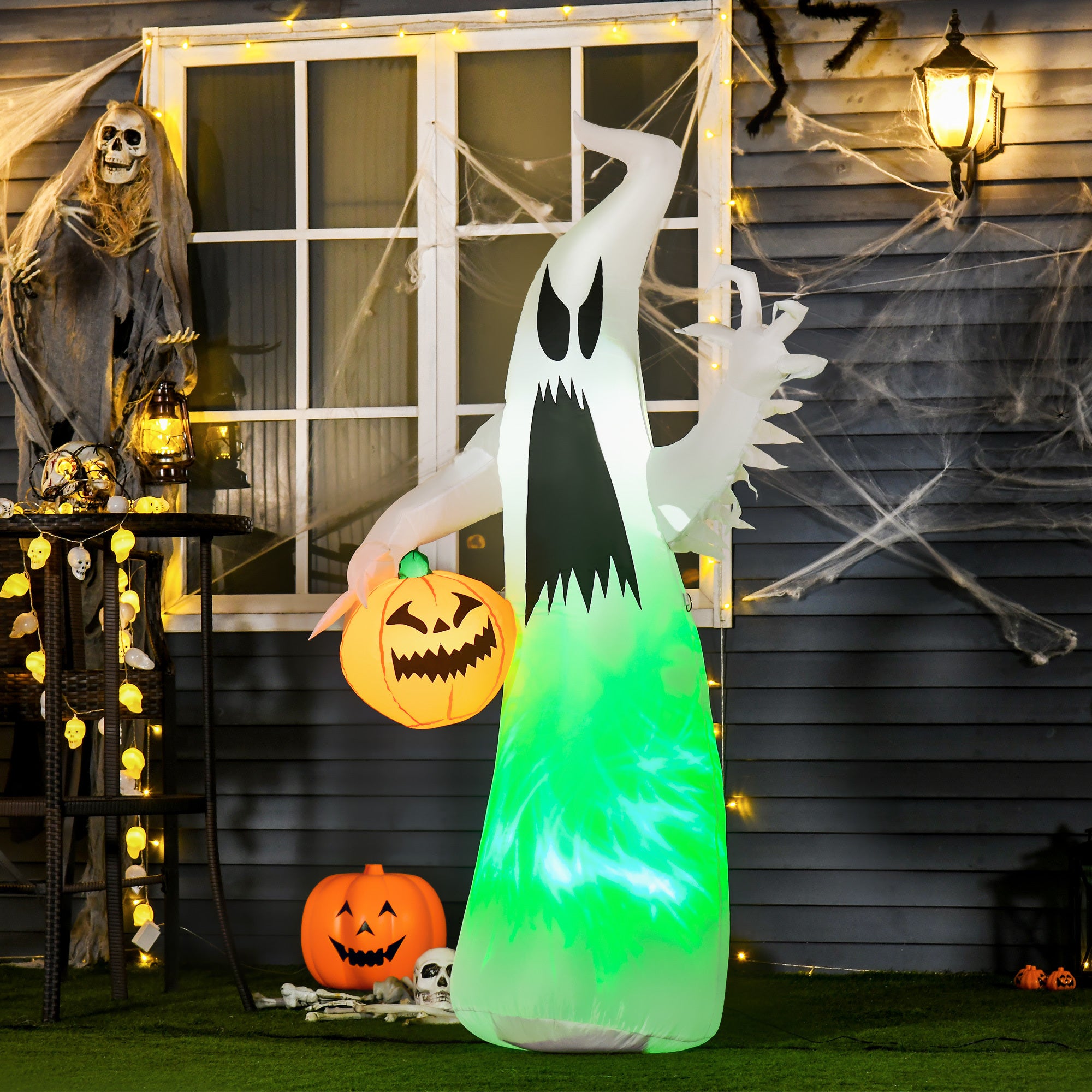 5.9' Halloween Inflatable Outdoor Decoration Ghost with Pumpkin, Blow Up LED Yard Decor for Garden, Lawn, Party, Holiday, Waterproof, Green