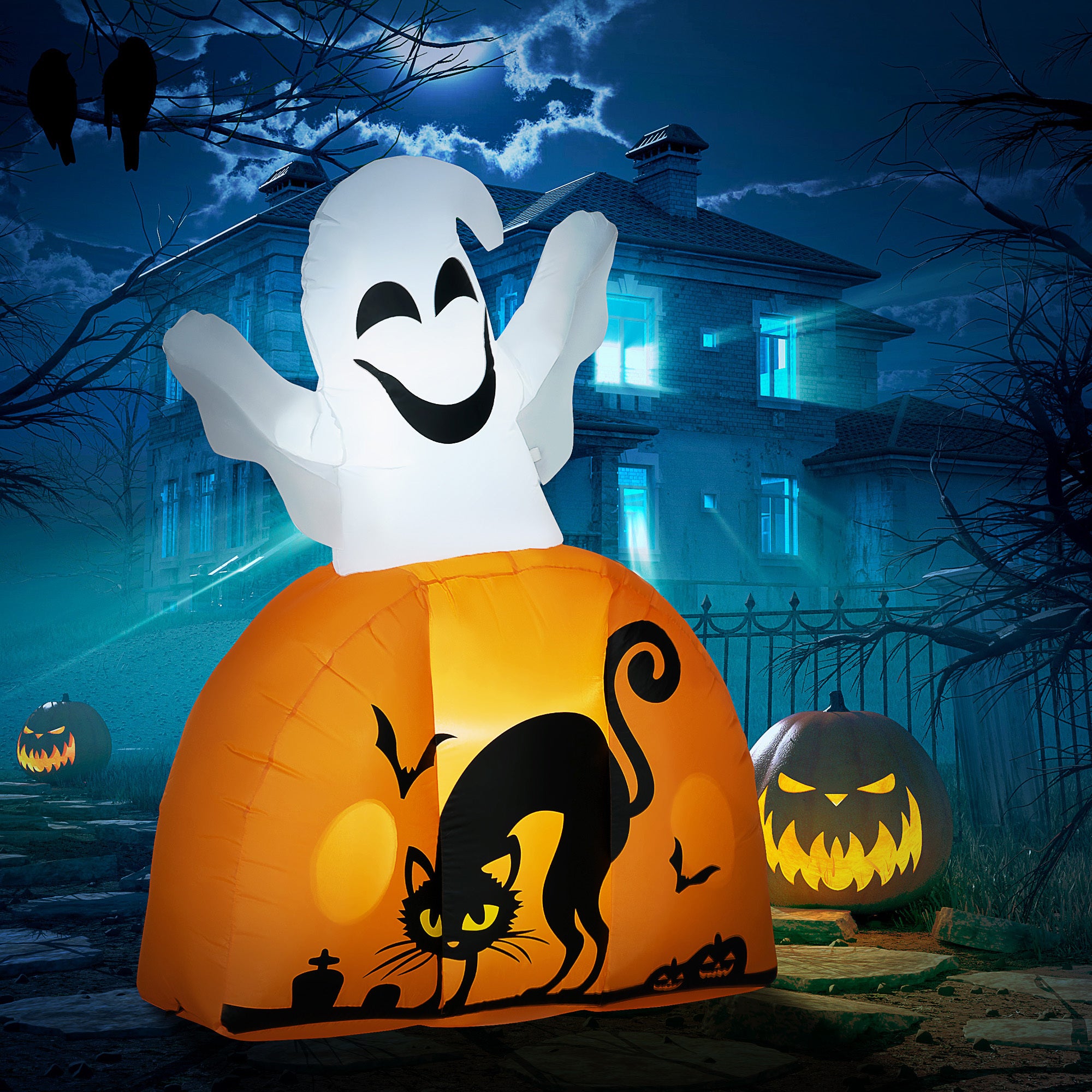 5ft Halloween Inflatables Outdoor Decorations Ghost with Pumpkin, Outdoor Blow Up Yard Decor with LED Lights for Garden, Lawn, Party, Holiday