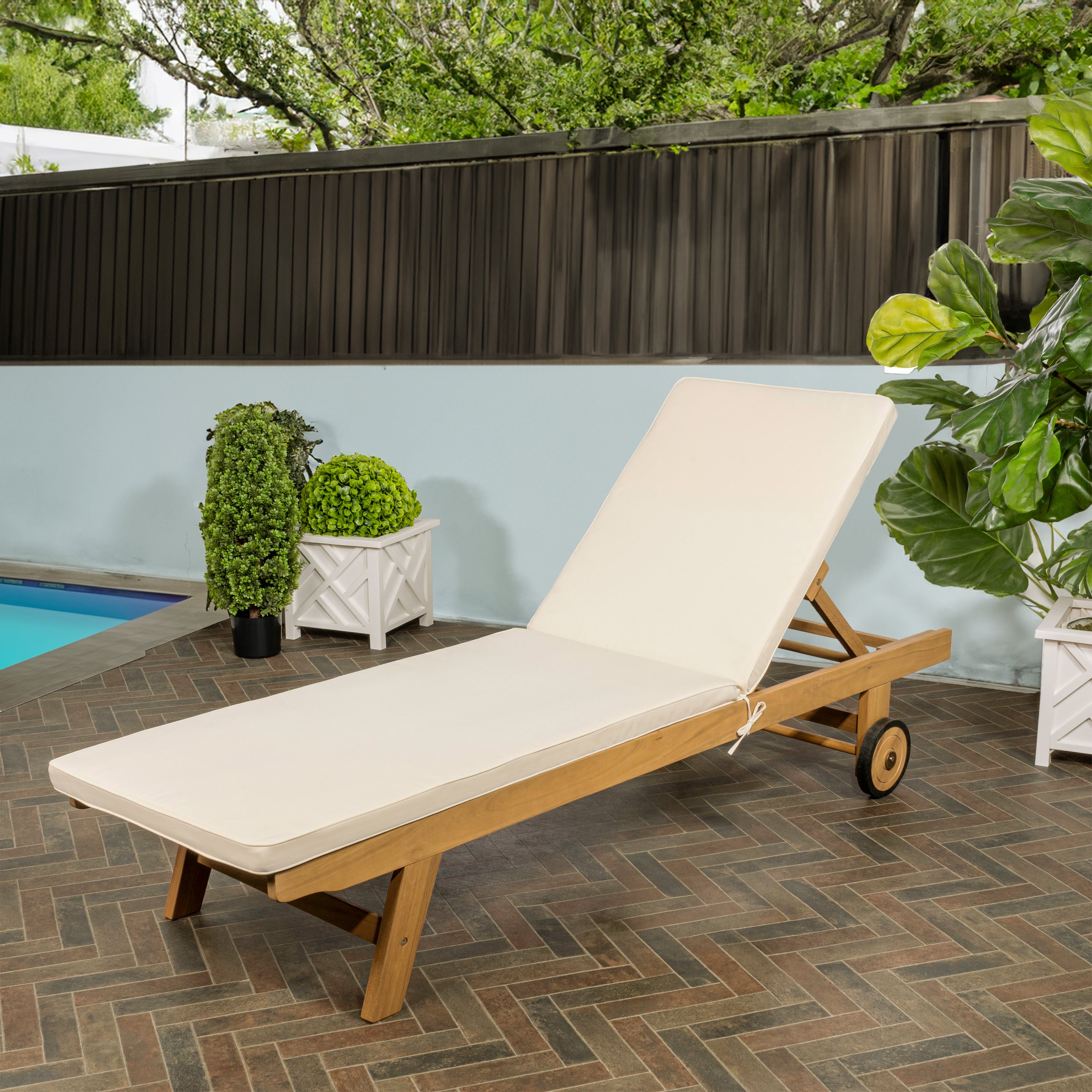 Mallorca Modern Classic Adjustable Acacia Wood Chaise Outdoor Lounge Chair with Cushion & Wheels