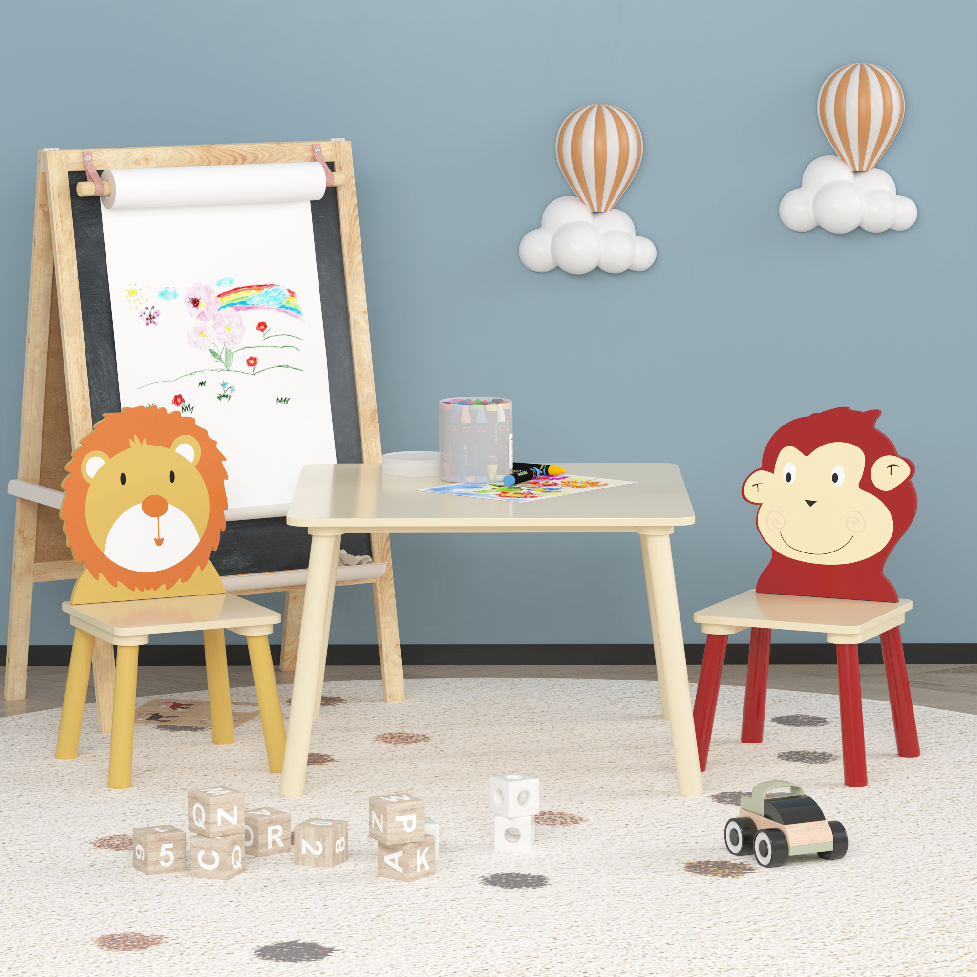 Kids Table and 2 Chairs Set, 3 Pieces Toddler Table and Chair Set, Wooden Activity Play Table Set (Lion&Monkey)