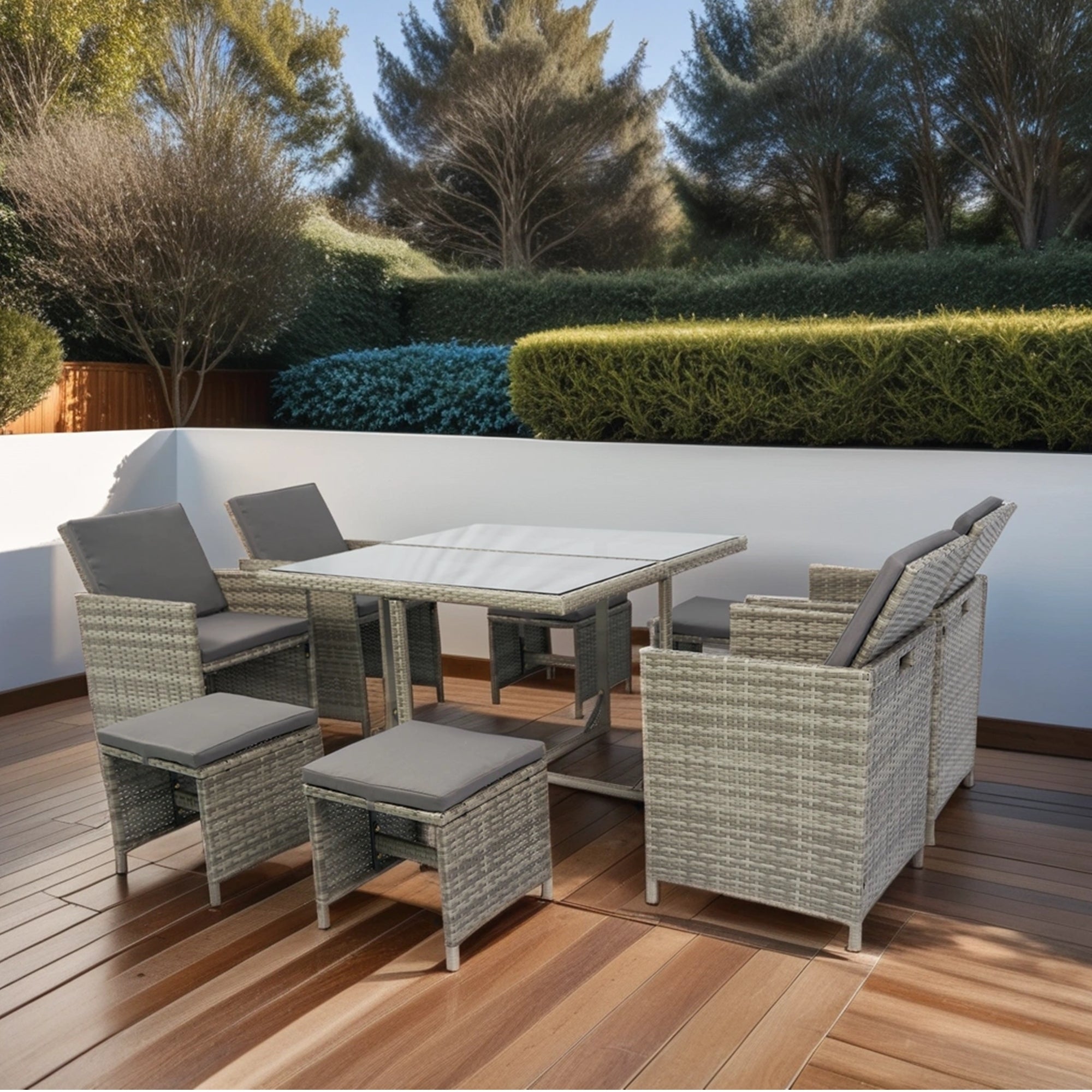 9 Pieces Patio Dining Sets- Rattan Chairs with Glass Table Patio Furniture Sets Cushioned Seating  Grey Wicker + Grey Cushion