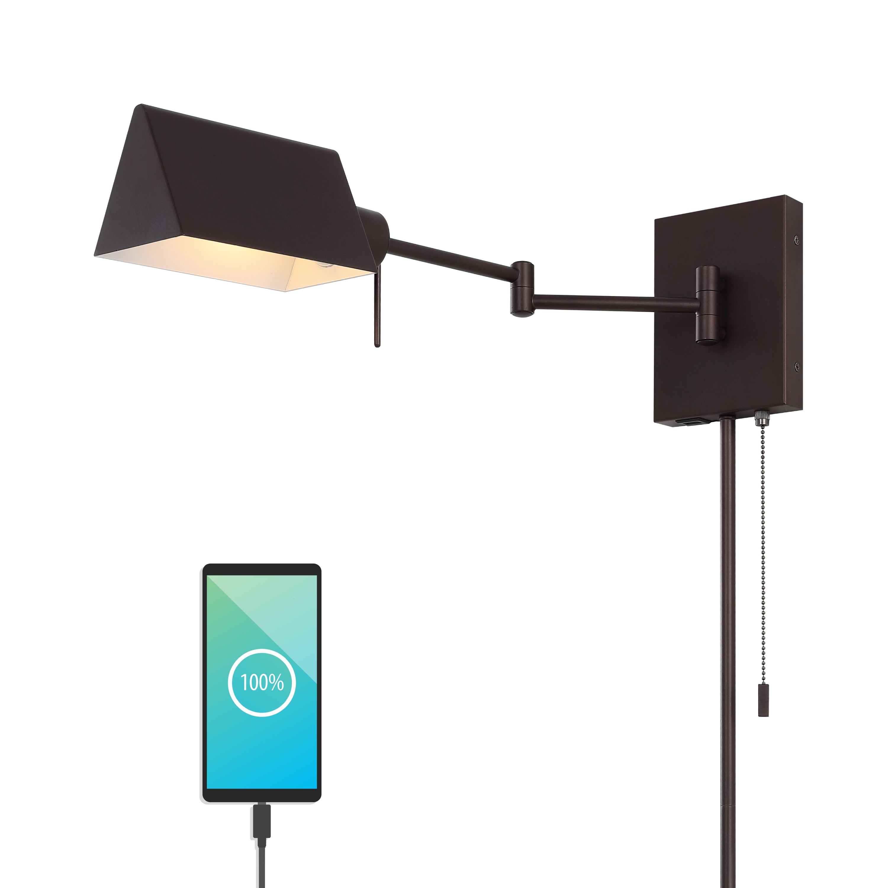 Arlo 1-Light Farmhouse Industrial Single Swing Arm Plug-In or Hardwired Iron LED Wall Sconce with Pull-Chain USB Charging Port