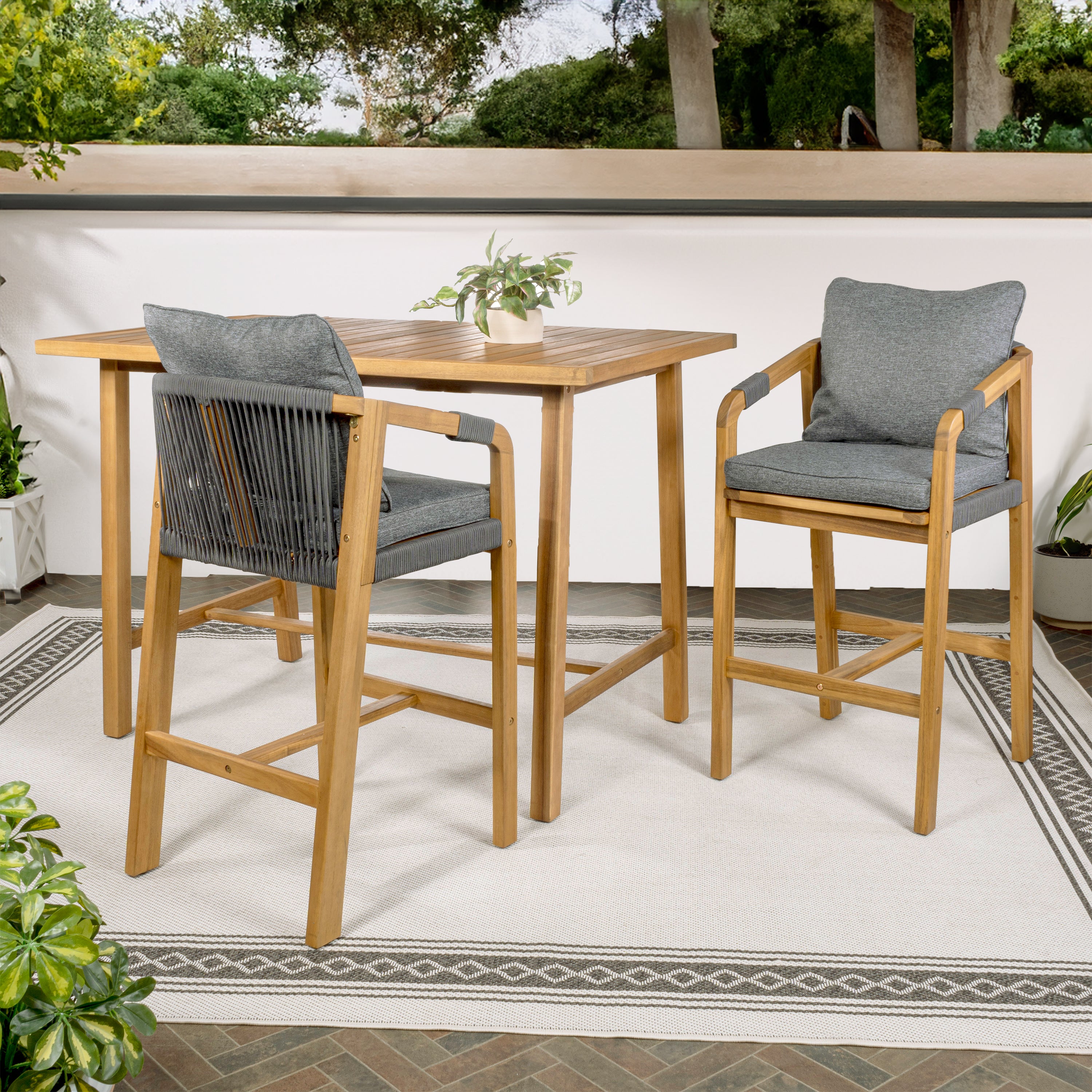 Porto Modern Coastal 3-Piece Acacia Wood Outdoor Bar Set with Cushions