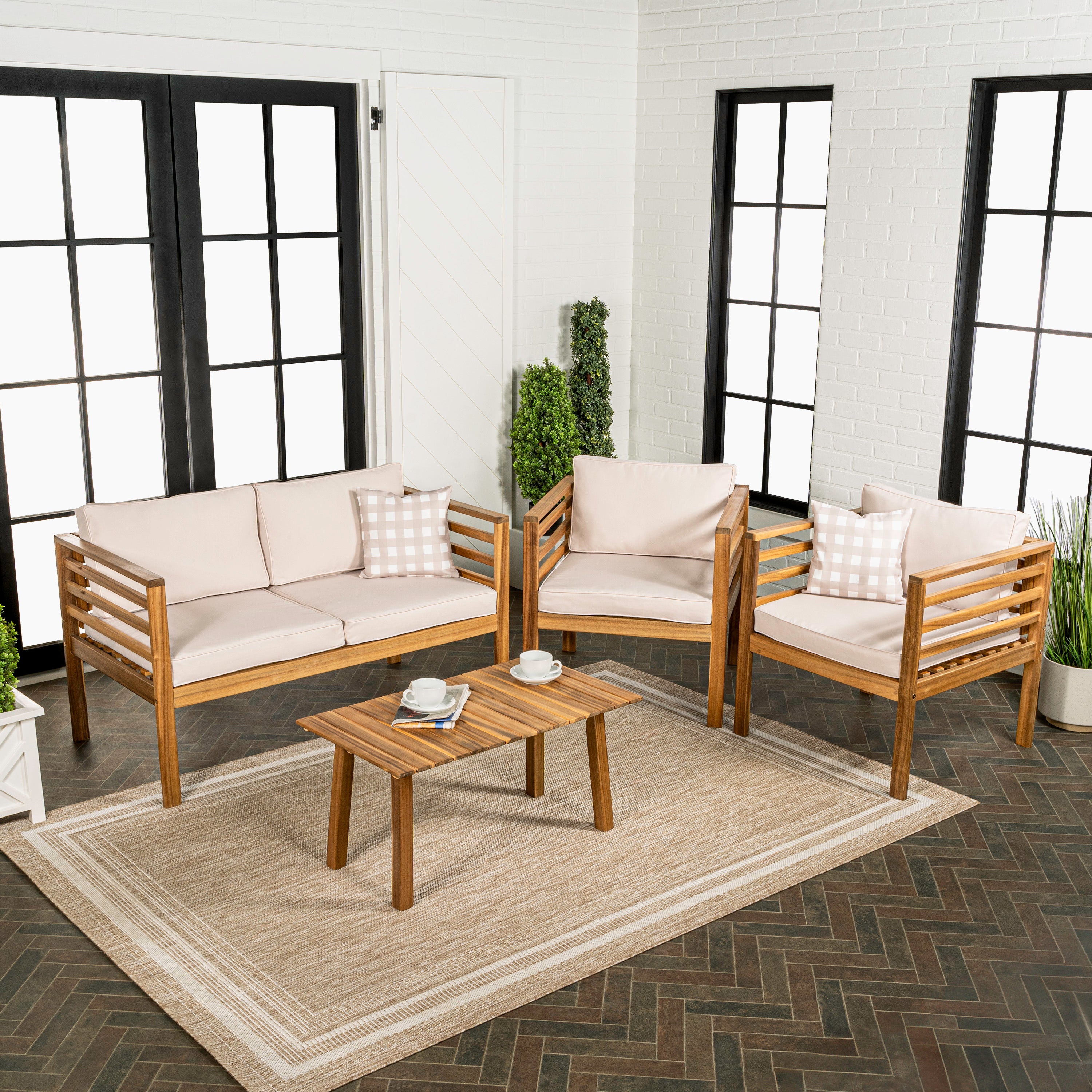 Thom 4-Piece Mid-Century Modern Acacia Wood Outdoor Patio Set with Cushions and Plaid Decorative Pillows