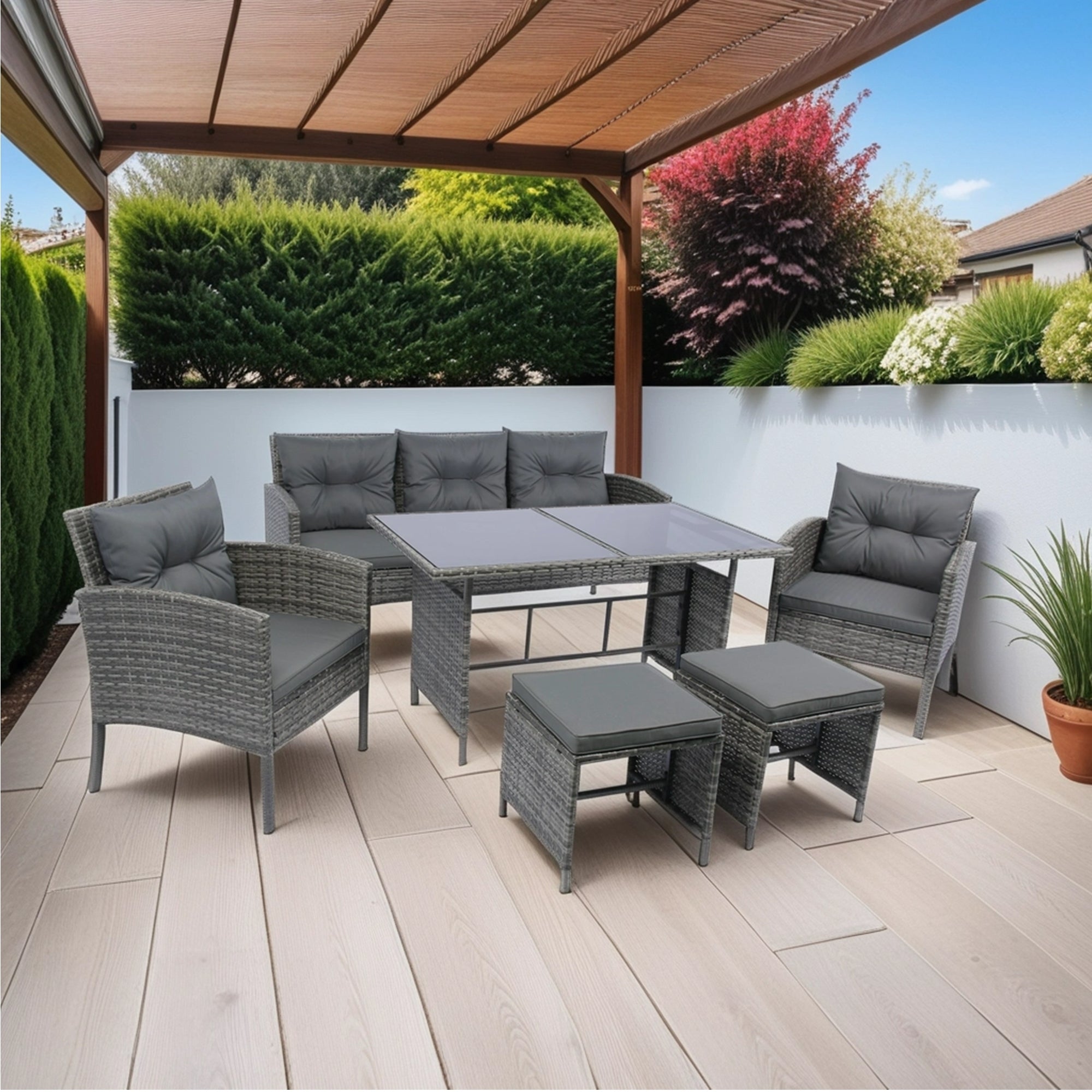 6 Piece Patio Wicker Sectional Set Patio Backyard Conversation Set Grey Wicker + Dark Grey Cushion