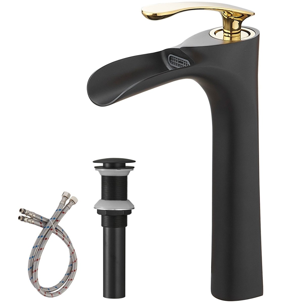 Waterfall Bathroom Vessel Sink Faucet With Drain Black Gold