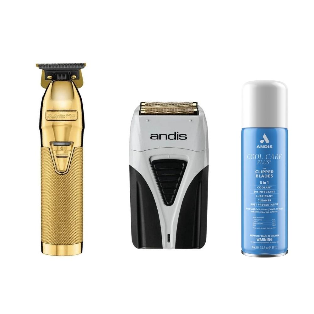 BaBylissPRO GoldFX Outlining Trimmer & Andis ProFoil Lithium Plus Titanium Foil Shaver with Andis Cool Care